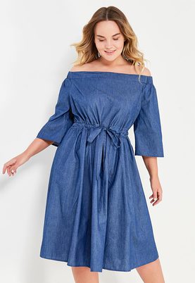 LOST INK PLUS   BARDOT DRESS IN DENIM